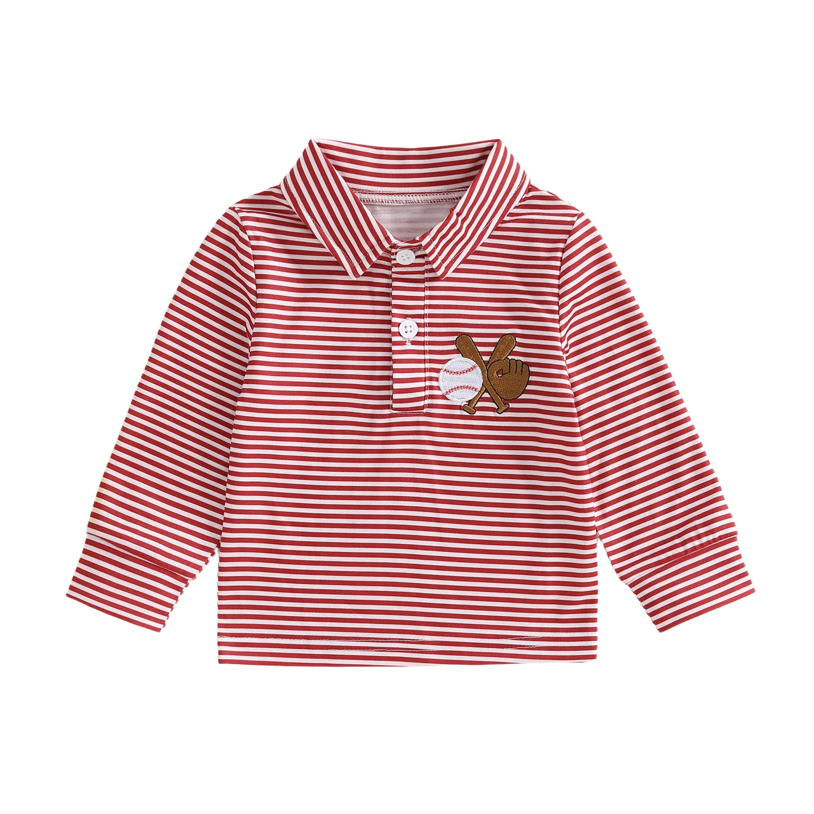 

Toddler Baby Collared T-Shirt Baseball Embroidered Striped Half Button Up Long Sleeve Tops for Spring Fall
