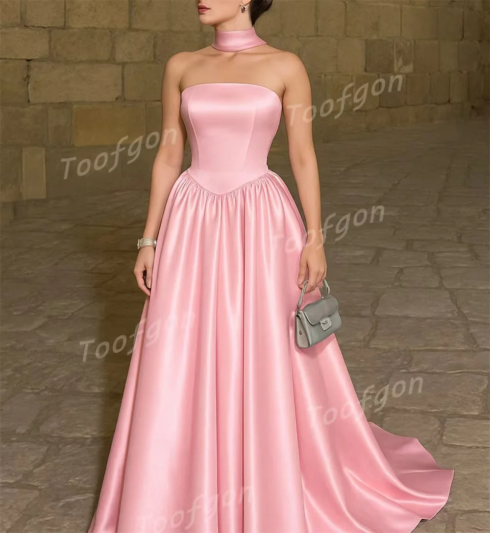 Toofgon vintage cetim formal vestidos de noite 2025 rosa longo drapeado uma linha envolve robes de soirée sob medida ocasião personalizado