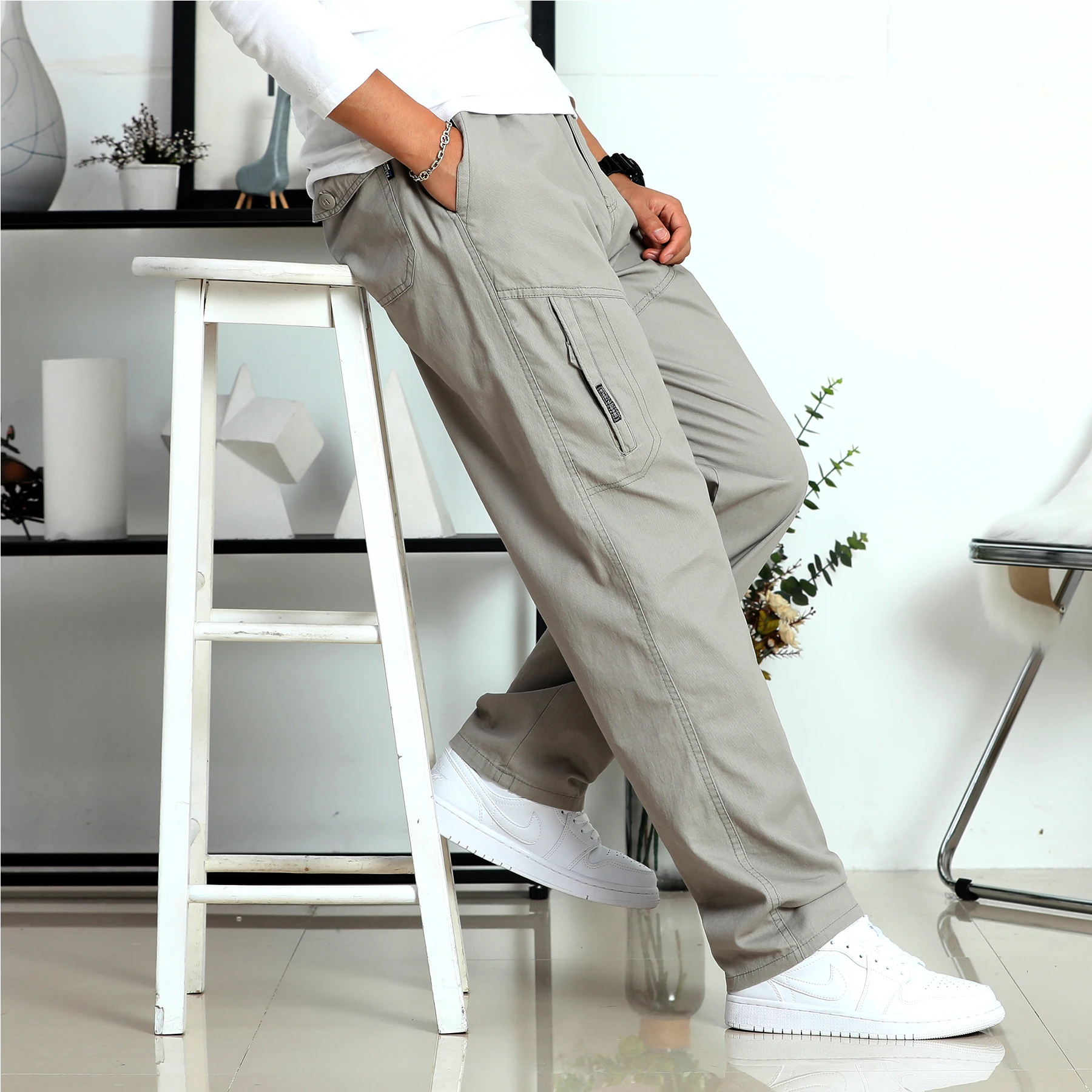 Men's Casual Cotton All-In-One Straight Leg Overalls With Hidden Pockets Multi-Functional Sports Jogging Pants