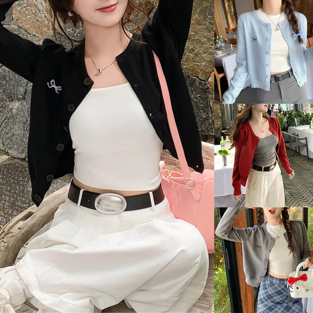 Pull à manches courtes brodé, haut décontracté, style décontracté, noir, pull décontracté toutes saisons, cardigan, col rond