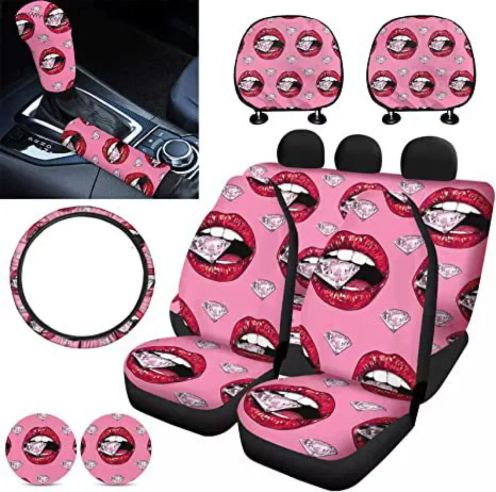 25 PCS Sarung Jok Mobil Universal dengan Desain Bibir Merah Muda