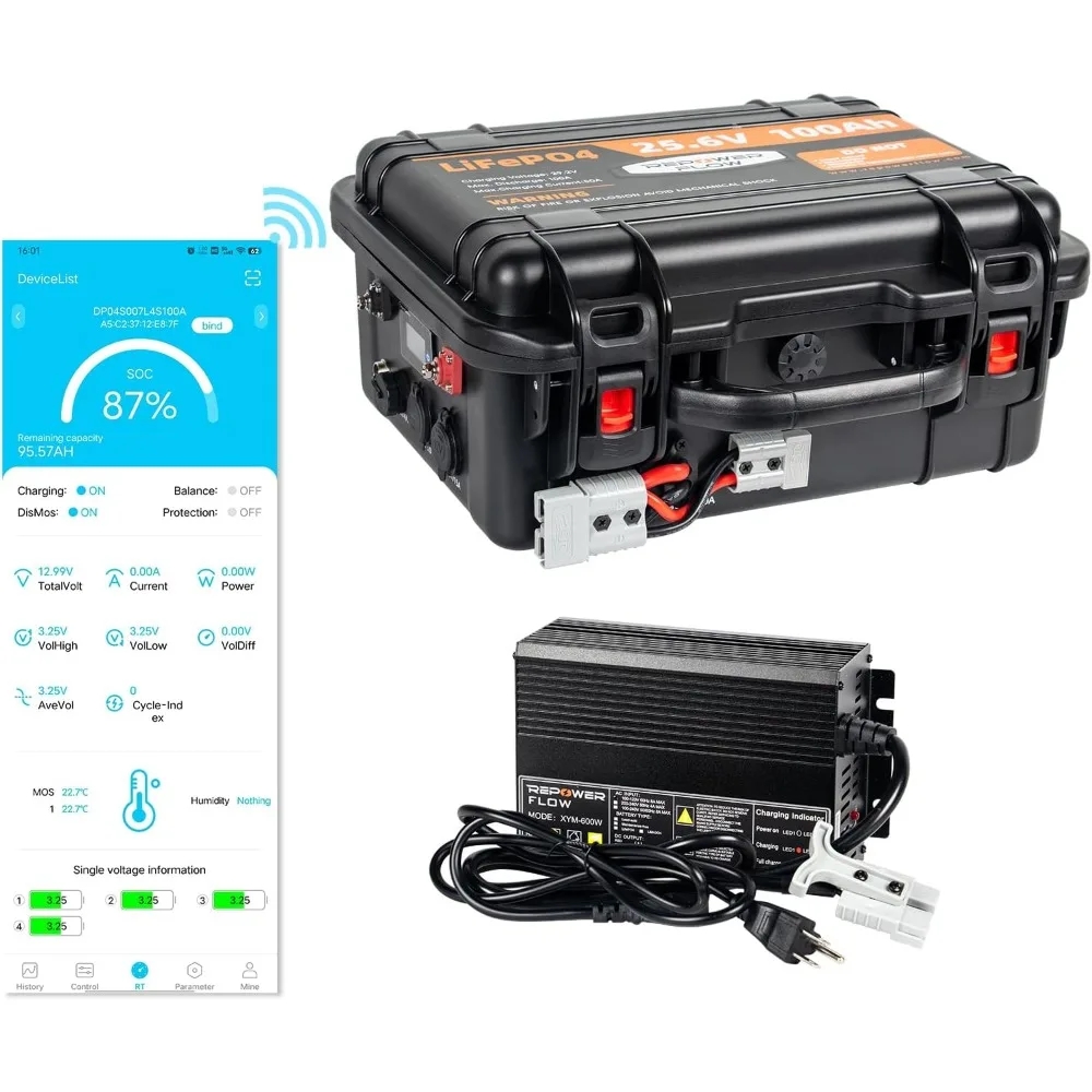 

24V 100Ah Lithium Battery Bluetooth, Low Temp Cut-Off, 24v LiFePO4 Battery, Built-in 100A BMS,with 25.6V 20A Charger