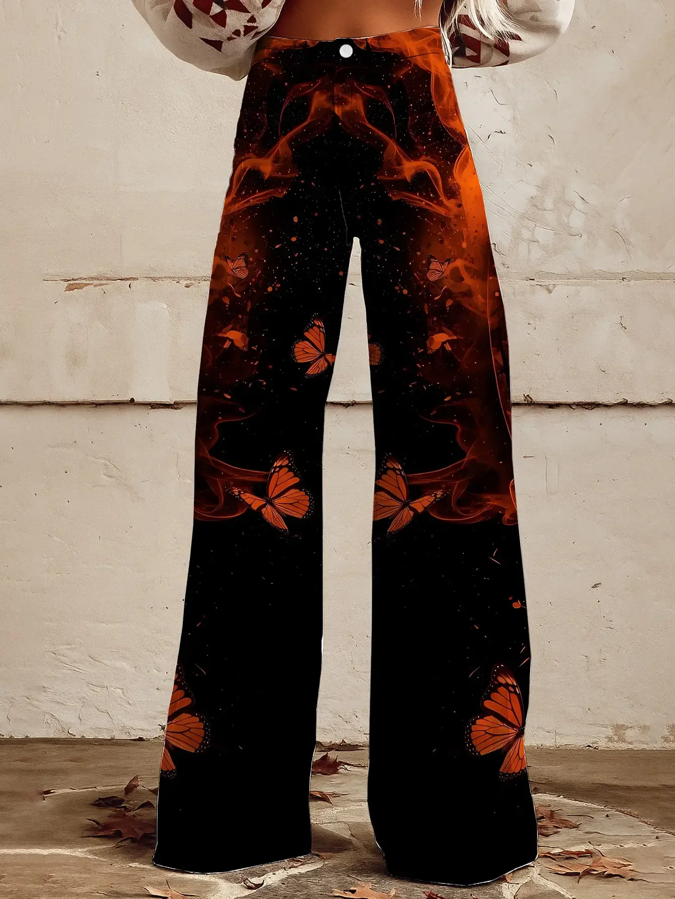 Ladies' loose and elegant retro printed straight leg pants with hidden zipper design,