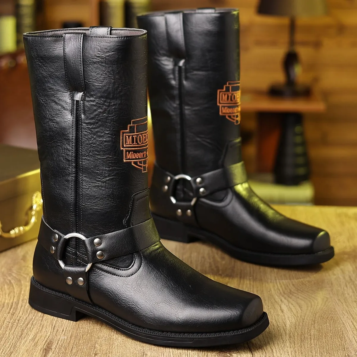 Men's Leather Boots with Embroidered Retro Motorcycle Boot Sleeve, Wide-Top Western Cowboy Boots