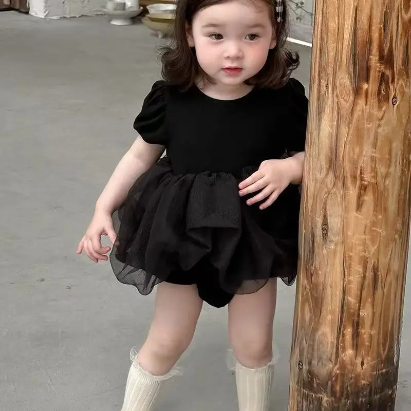 

Splicing Mesh Dress Solid Color Simple Sweet Cute Summer Casual Fashion Dress Kids Clothes Baby Girl Birthday Dress