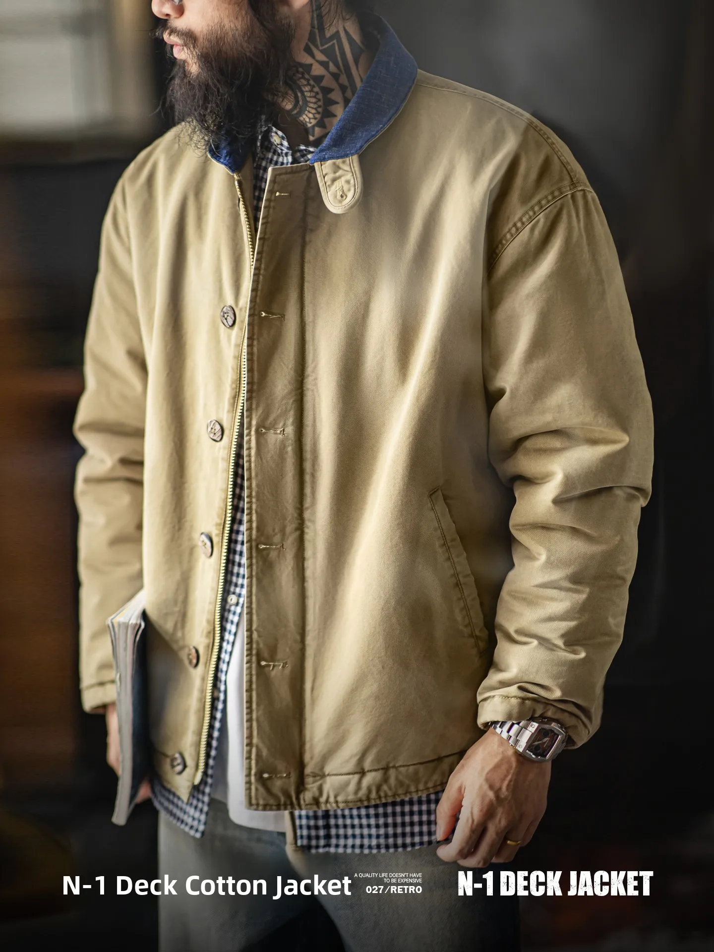 

Maden Thiened Warm Cotton Jaet ort Sle Men's Autumn Winter Stand Collar Workwear American Retro N De Coat