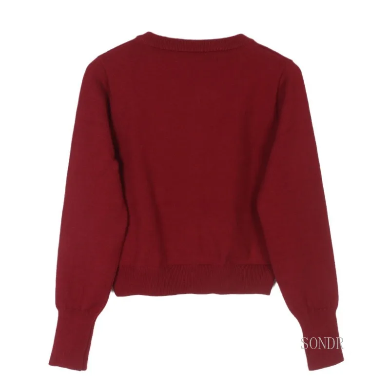 Wine Red Cardigan Women Loose Thin Single-breasted Knitted Cardigan Jacket 2024 New Round Neck Long Sleeve Tops Korean Fashion