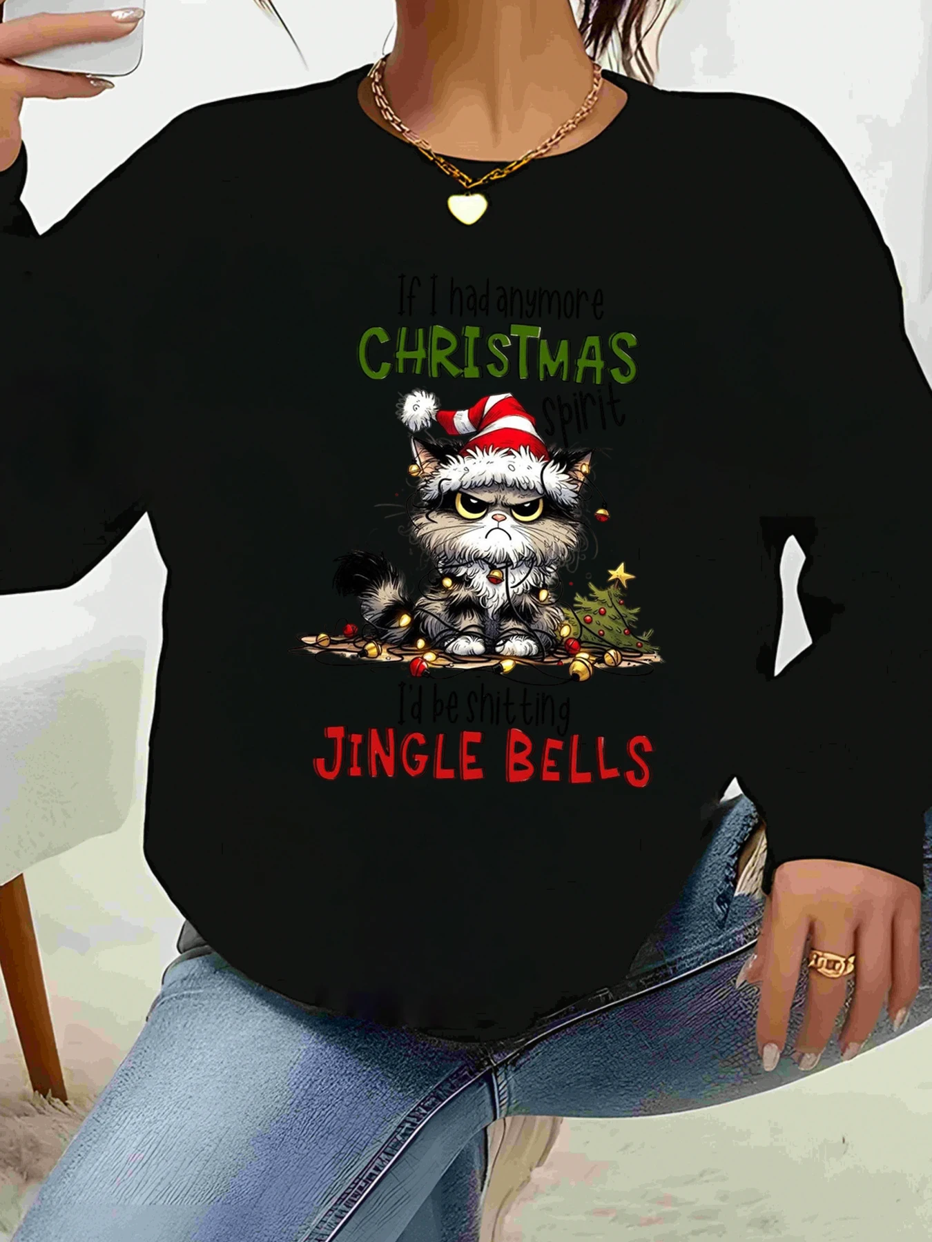

Топ с длинными рукавами и принтом «Кошка Рождественский дух» Jingle Bells, праздничная женская повседневная одежда для вечеринок