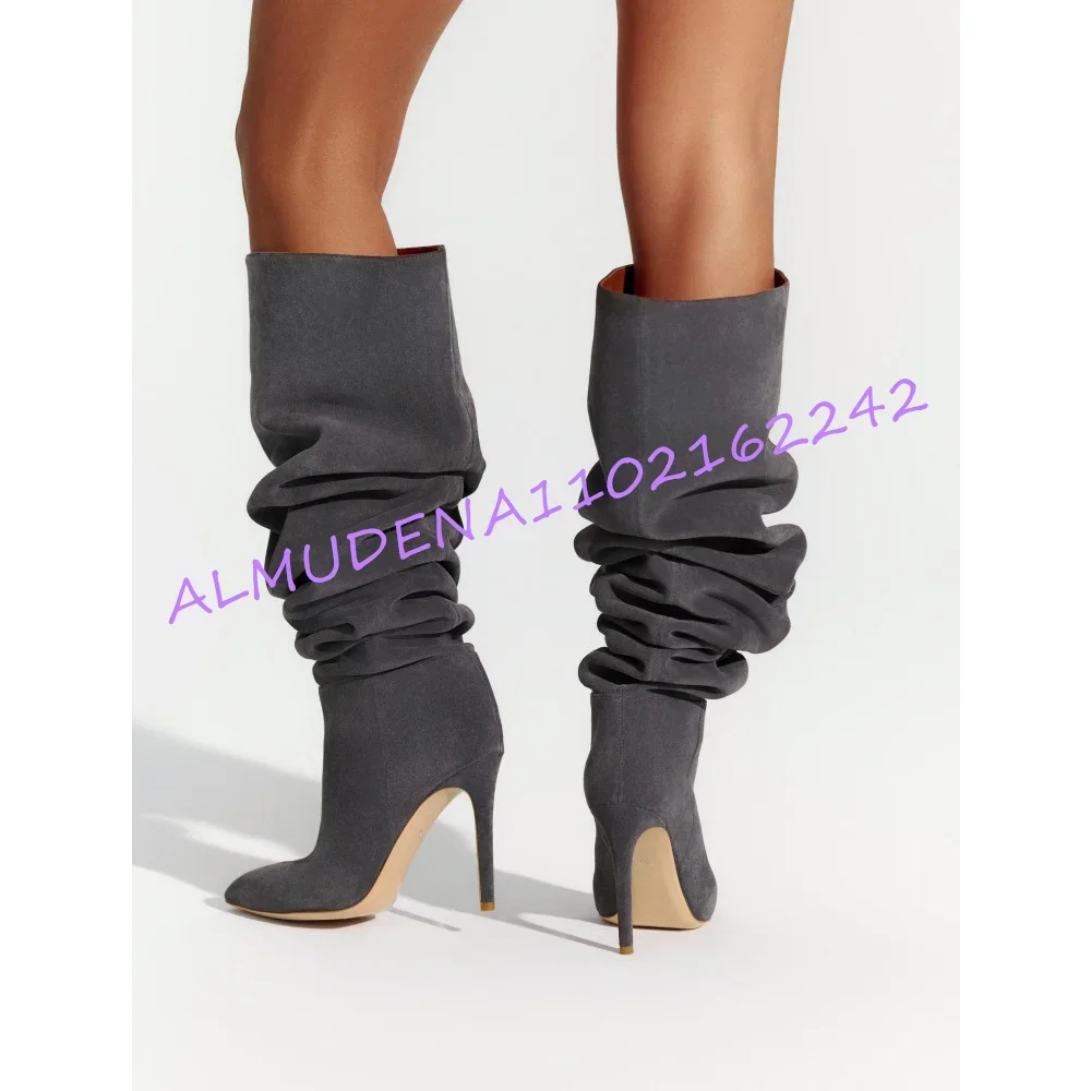 Women Grey Suede Slouch Knee High Boots Pointed Toe Stiletto High Heel Pull On Pleated Tall Booties Fashion Club Dress Footwear
