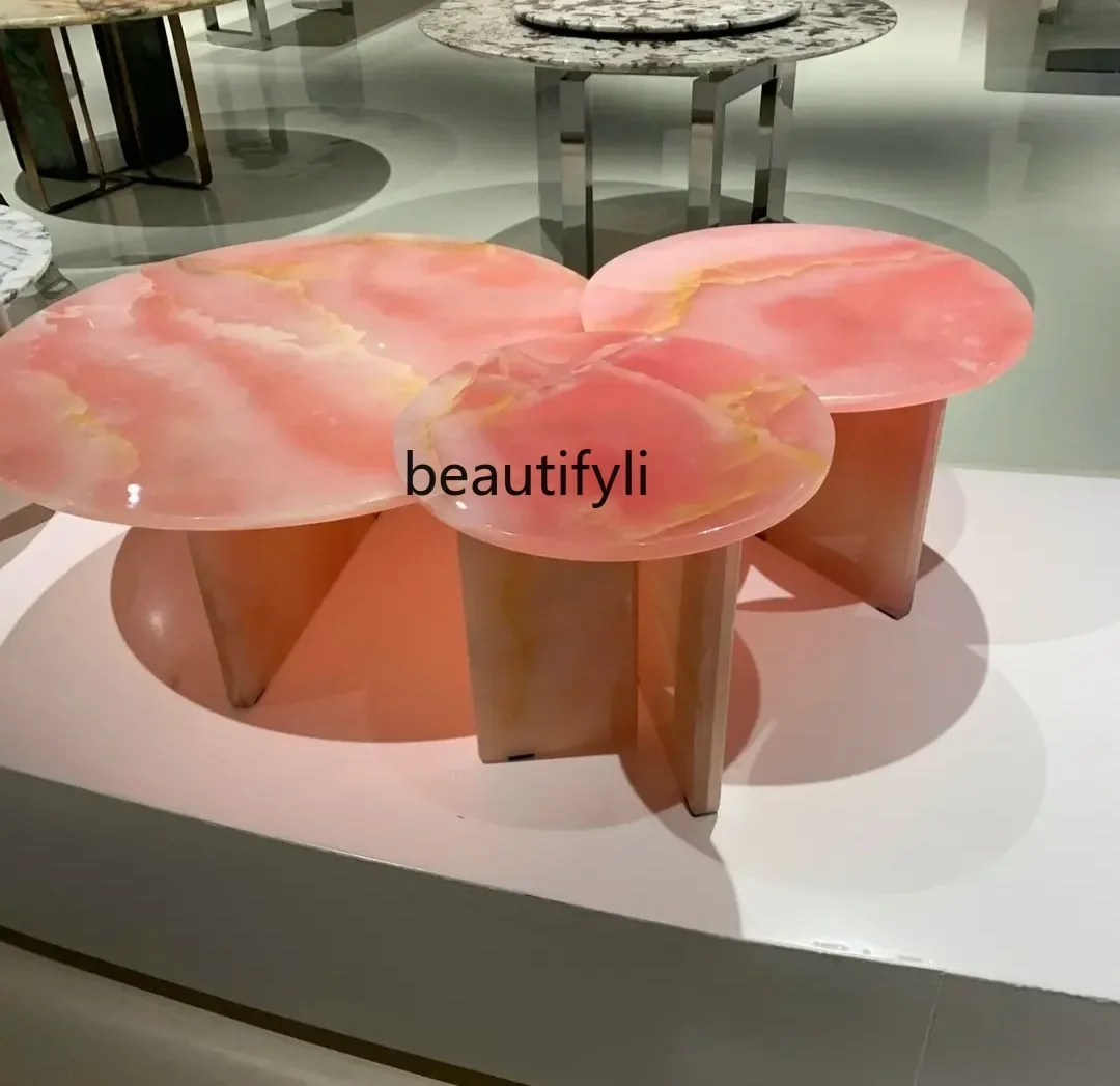 Pink jade marble coffee table modern simple household living room light luxury high and low size round coffee table combination