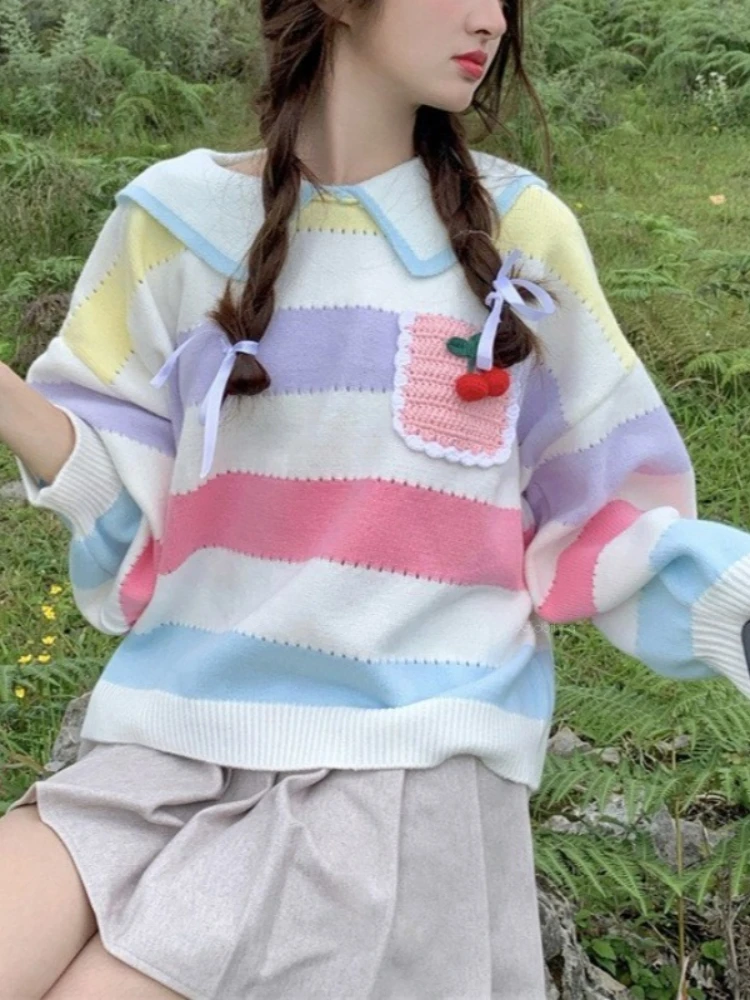 

Korobov Korean Preppy Sweet Contrast Color Peter Pan Collar Long Sleeve Pocket Pullovers
