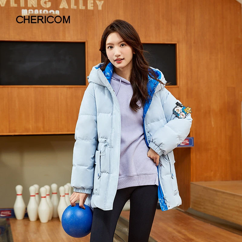 

Chericom Hooded Mid-Length Down Coat Drawstring Waist Two-Way Zipper Placket Arm Strap Attachment Color-Blocked Fabric Y289107Y