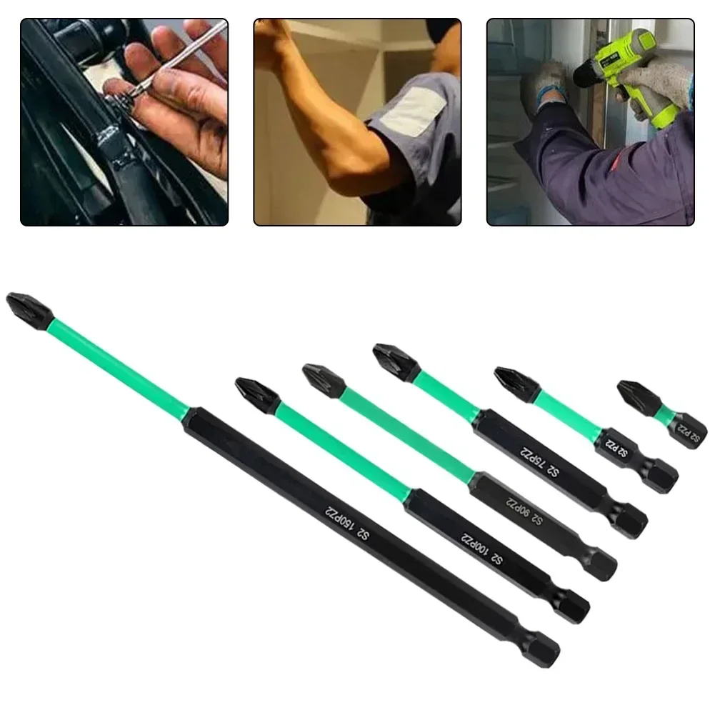 6pcs PZ2 Magnetic Driver Bits Heavy Duty Long Pozidriv Screwdriver Bit 1/4 Inch 6.35mm Hex Shank Screw Driver tools 25-150mm