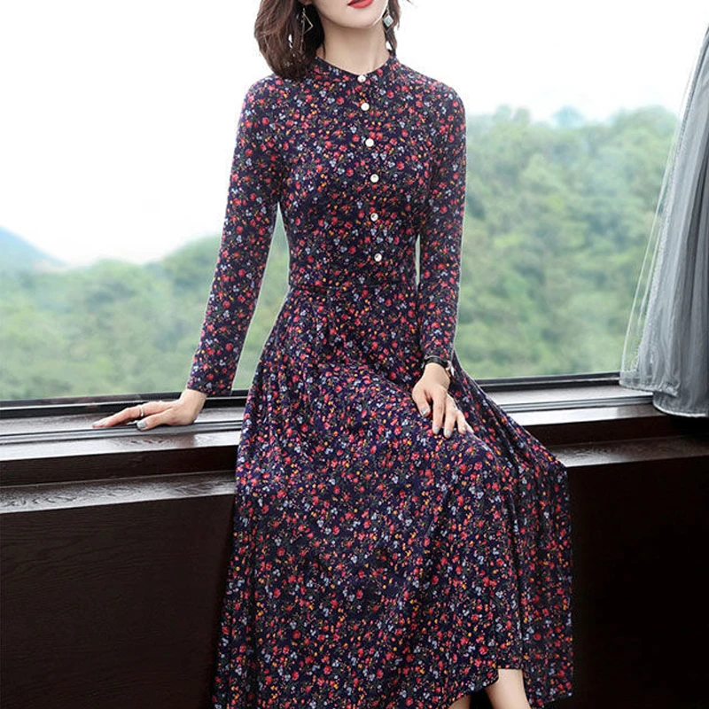 Vintage, w kwiaty z nadrukiem wysokie Wais eleganckie sukienki imprezowe dla kobiet 2023 wiosna jesieล moda dลugi rฤkaw obcisลa sukienka za kolano