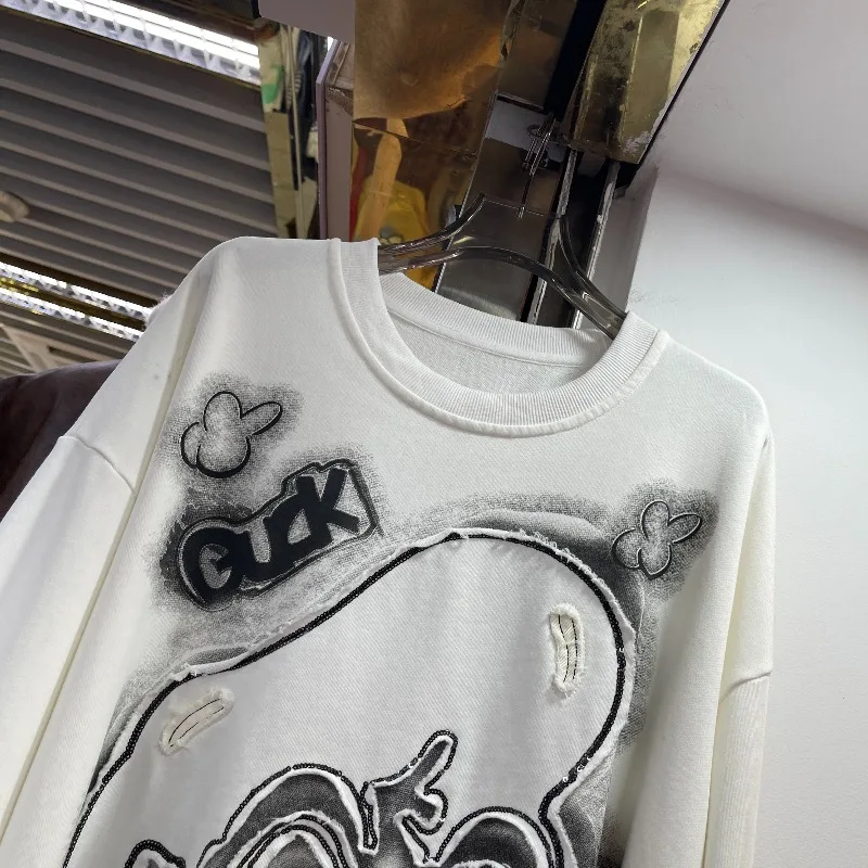 2025 Autumn New Heavy Industry Distressed Design Cartoon Crew Neck Sweatshirt For Women's Loose Fit Short Pullover Top Hoodies