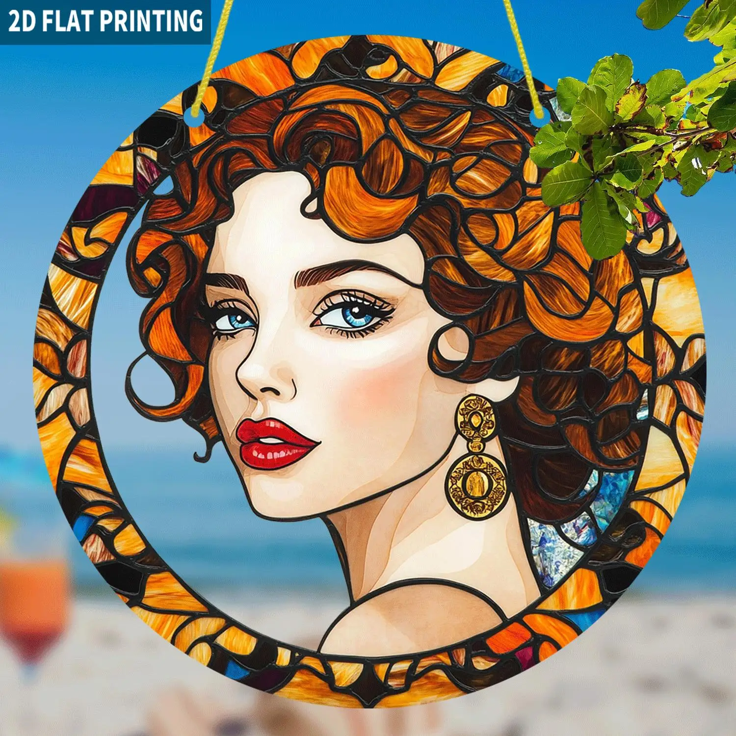 Pintura Acrílica de Mujer Rubia Glamurosa con Pendientes Vintage, Atrapasol de Vidrio para Ventana, Arte Plano 2D Estilo Art Nouveau