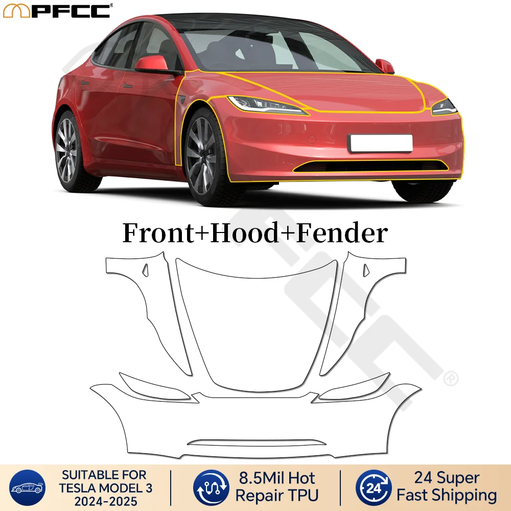 

Защитная пленка из ТПУ для Tesla Model 3 Highland 2025 Performance Version, предварительно вырезанный комплект для переднего капота и крыльев, защита от царапин