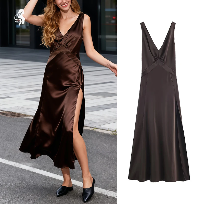 Robe longue en satin marron chocolat pour femme – Robe de soirée élégante, col en V profond, sans manches, fente latérale