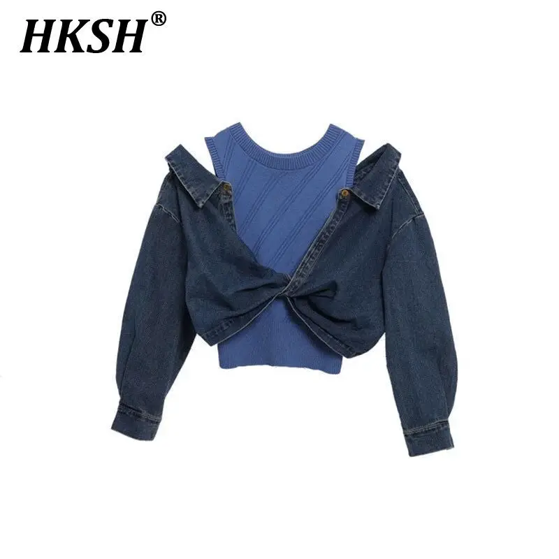 HKSH European Fake Two-piece Spliced Off Shoulder Denim Shirt Women's Autumn New Vintage Punk Waste Land Fashion Sweet Top H2690