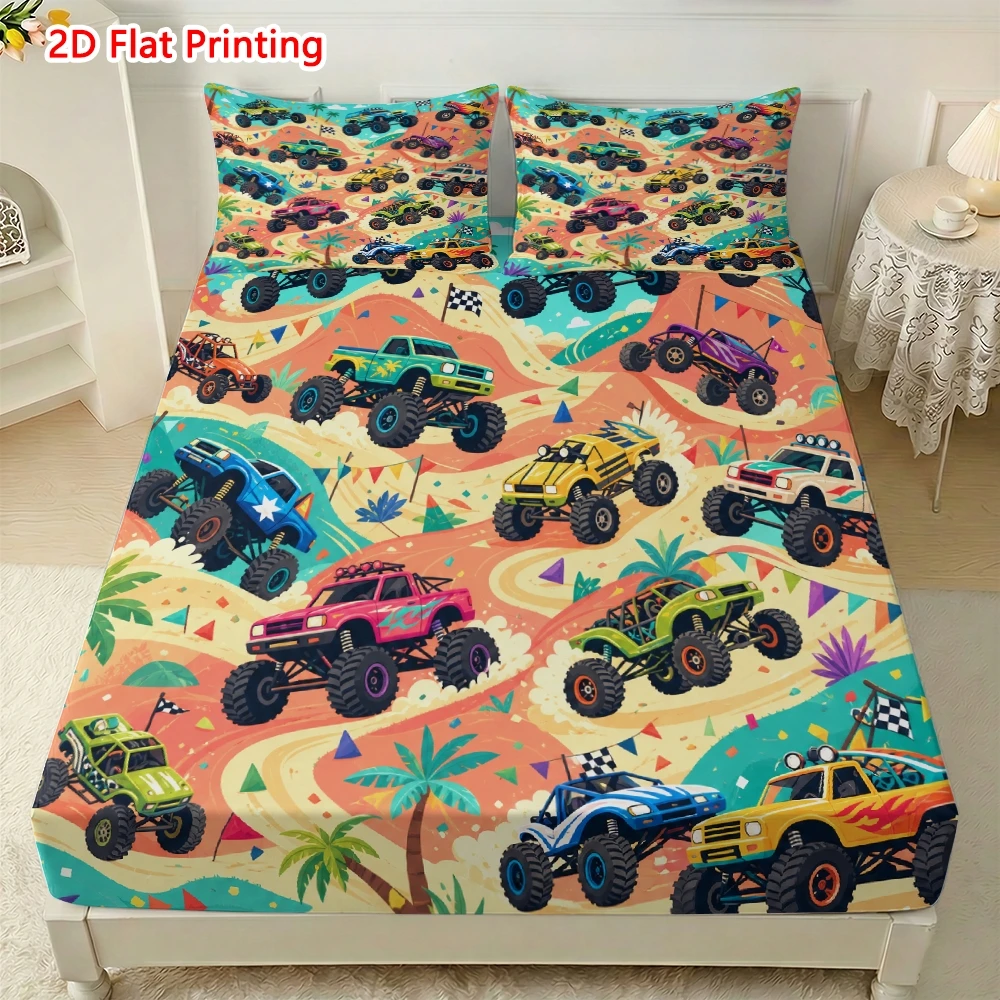 Fitted Sheet Deep - 2D 프린팅된 화려한 몬스터 트럭 침대