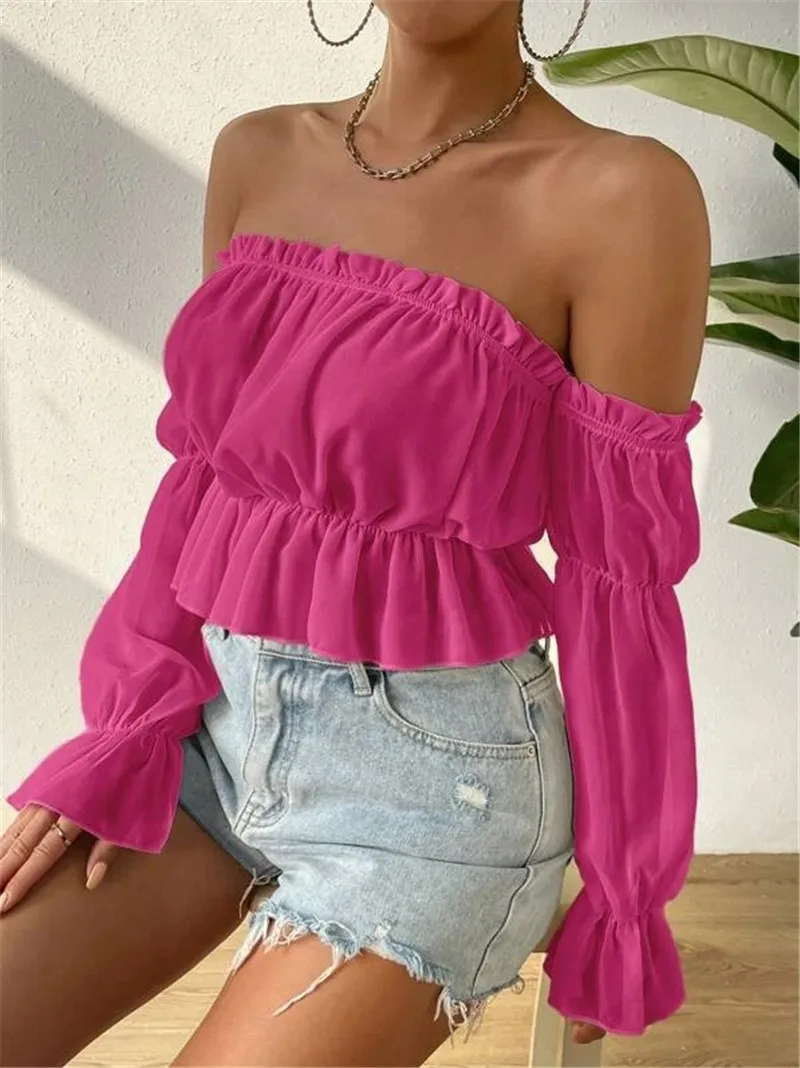 

Trendy Women Sexy Blouse Off Shoulder 2025 Spring Summer Long Sleeve Solid Color Puff Sleeve Shirts Ruffle Tunic Crop Tube Tops
