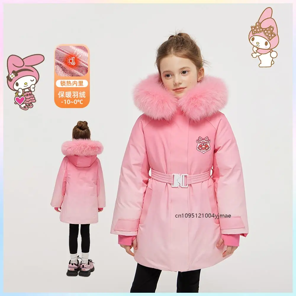 

Kawaii Sanrios Anime My Melody Girls Down Clothes Winter Fashion Long Fur Hooded Cotton Padded Jacket Warm Slimwaist Outerwear