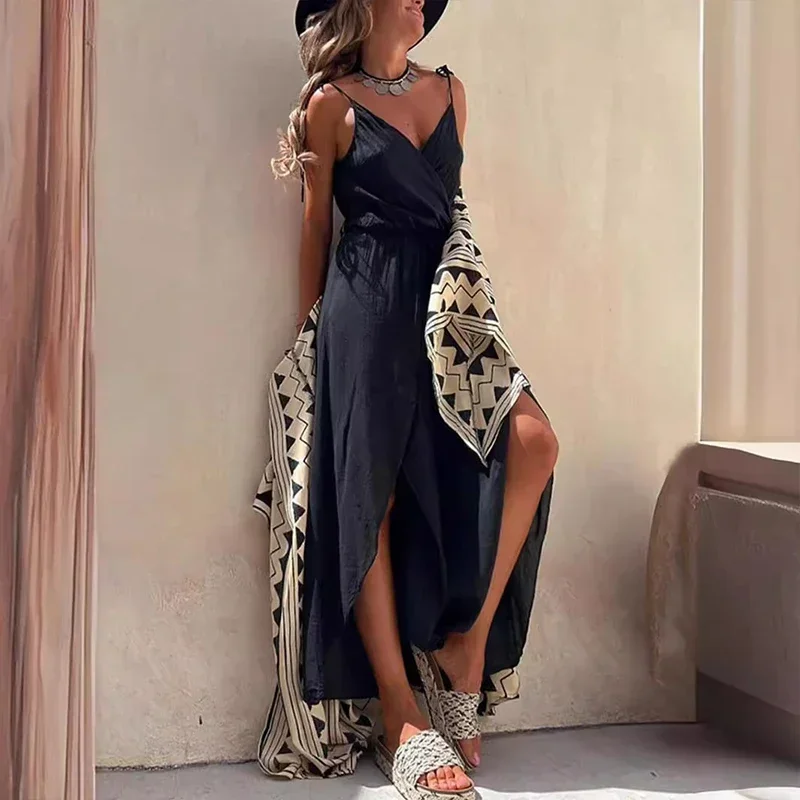 Women Casual Solid V-neck Chiffon Jumpsuit Elegant Sexy Draped Split Pants Combinations Summer Holiday Solid Strapless Overall