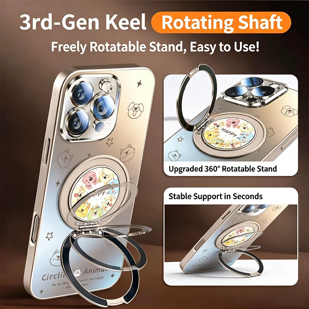 New trendy phone case for iPhone 12-17/Pro/Pro Max series, cute dog ring, magnetic rotating stand, comes with lens protector