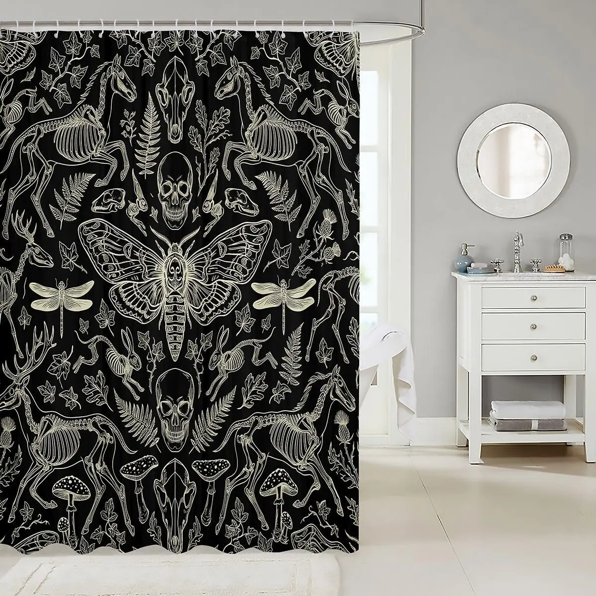 Vintage Black Skeleton Dino Skull Nature Shower Curtain Gothic Line Art Bathroom Decoration 180x180cm Aesthetic