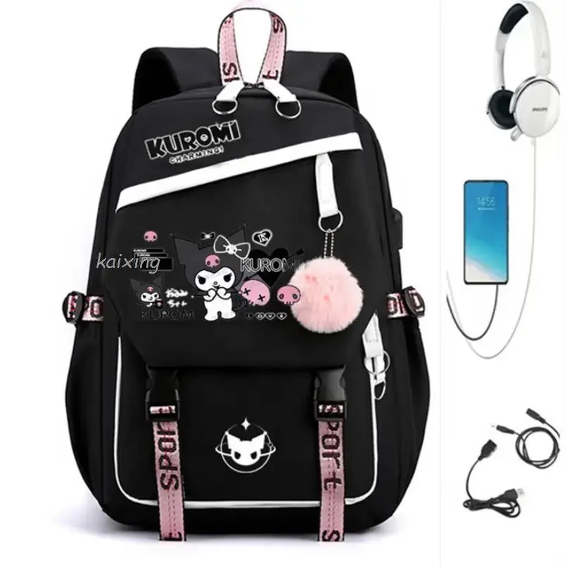 USB Girls Backpack Melody School Book Bags Kuromi Teen Women Men Travel Bags Laptop Headphone Port Mochila Gift