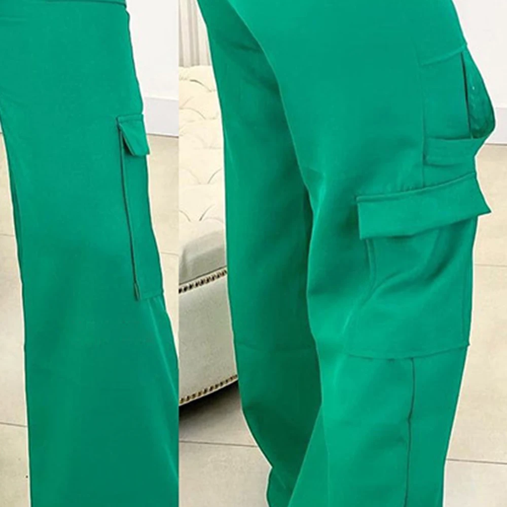 2023 New Women\'s Fashion Solid Pants Casual Patch Bag High Waist Wide Leg Green Workwear Pants