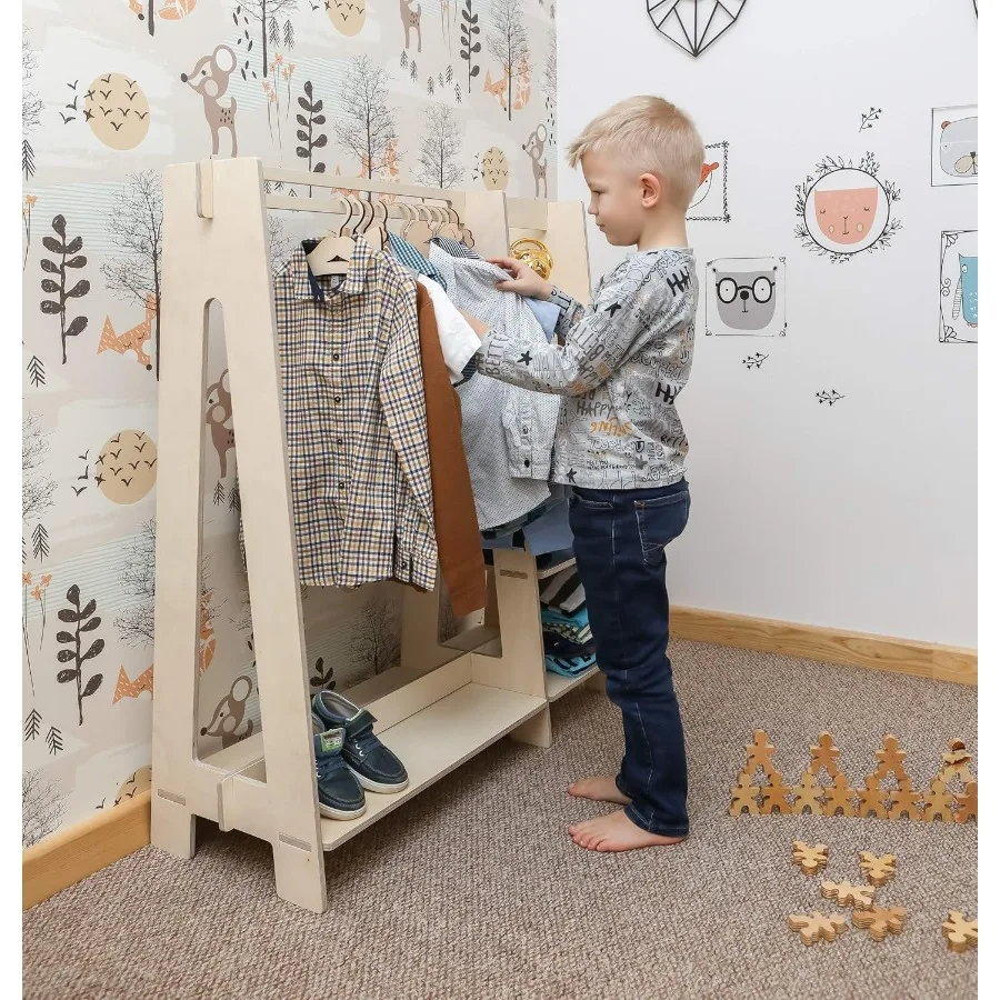 خزانة ملابس - رف ملابس خشبي مع رف عرض حاجز معلق لـ - خزانة مفتوحة لأثاث الملابس بنفسك لسهولة التجميع
