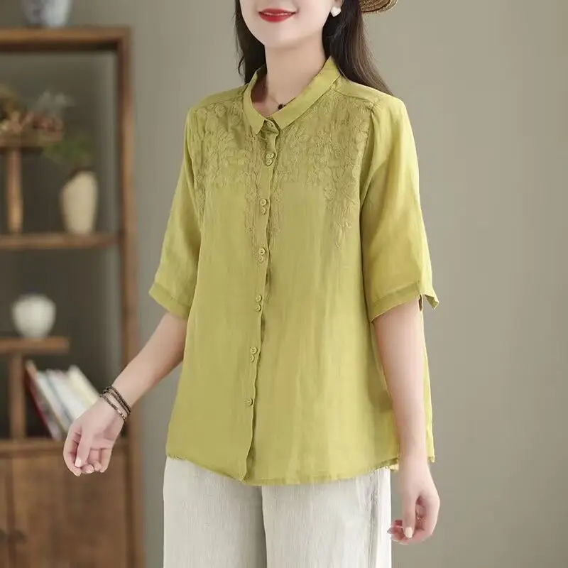 Women Vintage Embroidery Cotton Linen Shirts Spring Summer Casual Thin Breathable Blouses Ladies Half Sleeve Solid Oversize Tops