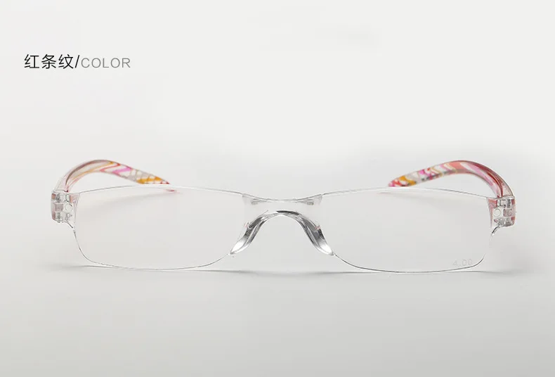 +1,0 ~ +4,0 Tragbare Weitsichtbrille Unisex Ultraleichte Lesebrille Rahmenlose Lesebrille aus Kunstharz mit halbem Rahmen – Detail 18