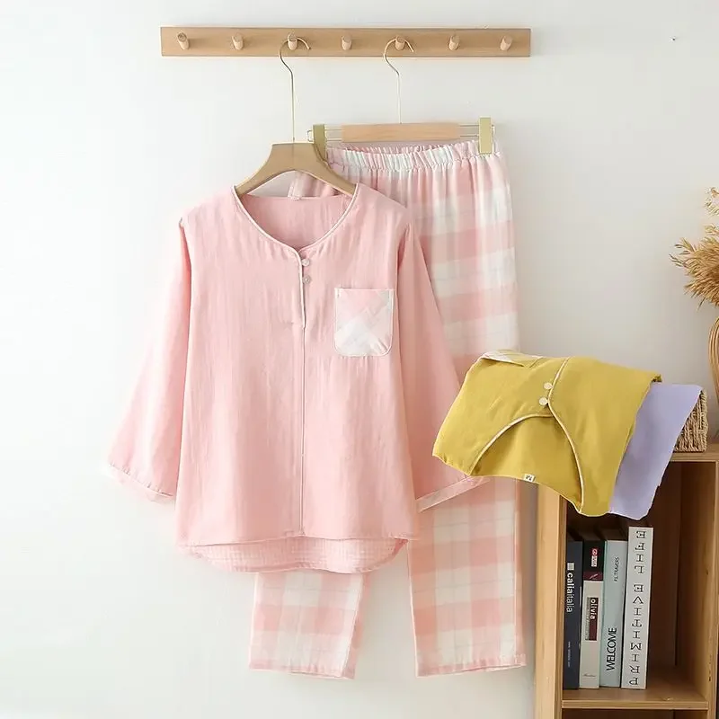 Loungewear Set Pullover  Trousers Pajamas Gauze in The Summer Fallow Japanese Series Plaid Ms. Spring and Autumn Pure Cotton