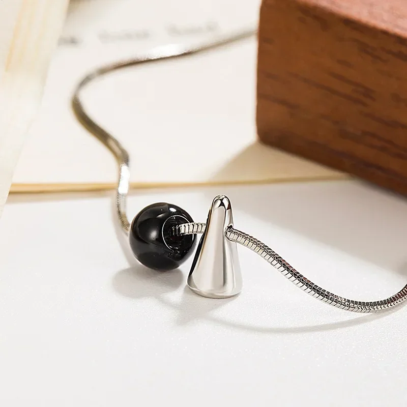 925 Sterling Silver Black Onyx Conical Charm Pendant Necklaces For Women Silver 925 Female Chokers Jewelry Collares Para Mujer