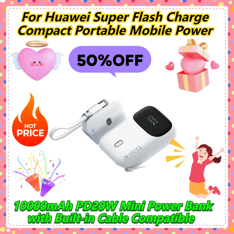 

For Huawei Super Flash Charge Compact Portable Mobile Power 10000mAh PD20W Mini Power Bank with Built-in Cable Compatible