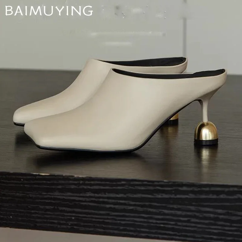 Square Toe Elegant Women Slippers Fad Mid Heels Leather Sandals Mule Shoes 2025 New Trend Spring Designer Dress Femme Chaussures