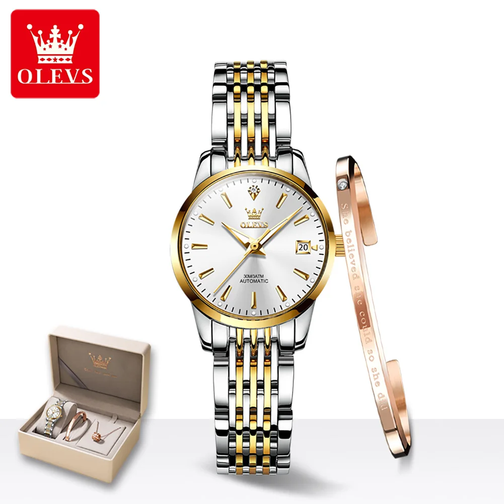 OLEVS 6635 dameshorloge elegant luxe mechanisch horloge schaal waterdicht lichtgevende automatische datum dames prachtige horlogedoos cadeau