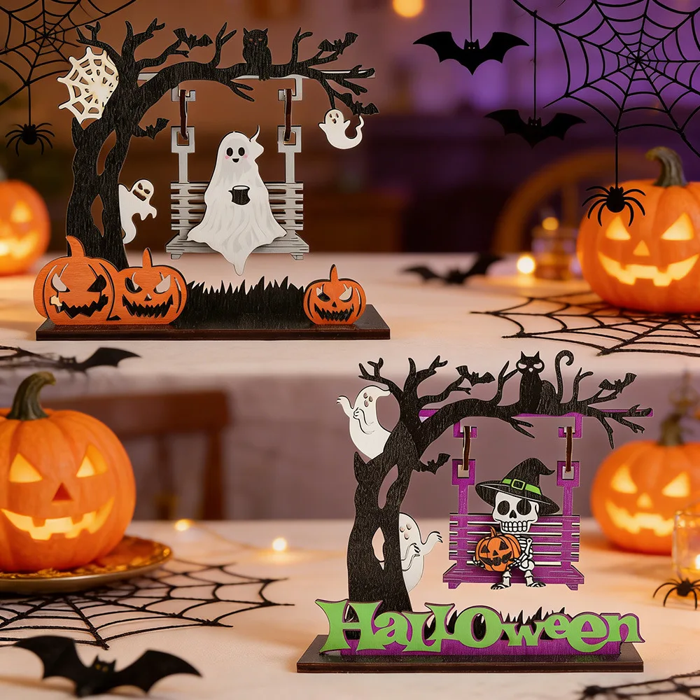 Halloween Wooden Tabletop Ornament, Color‑Printed Ghost Skull Swing Decor, Kids Gift for Ghost Festival Dining Table Decoration