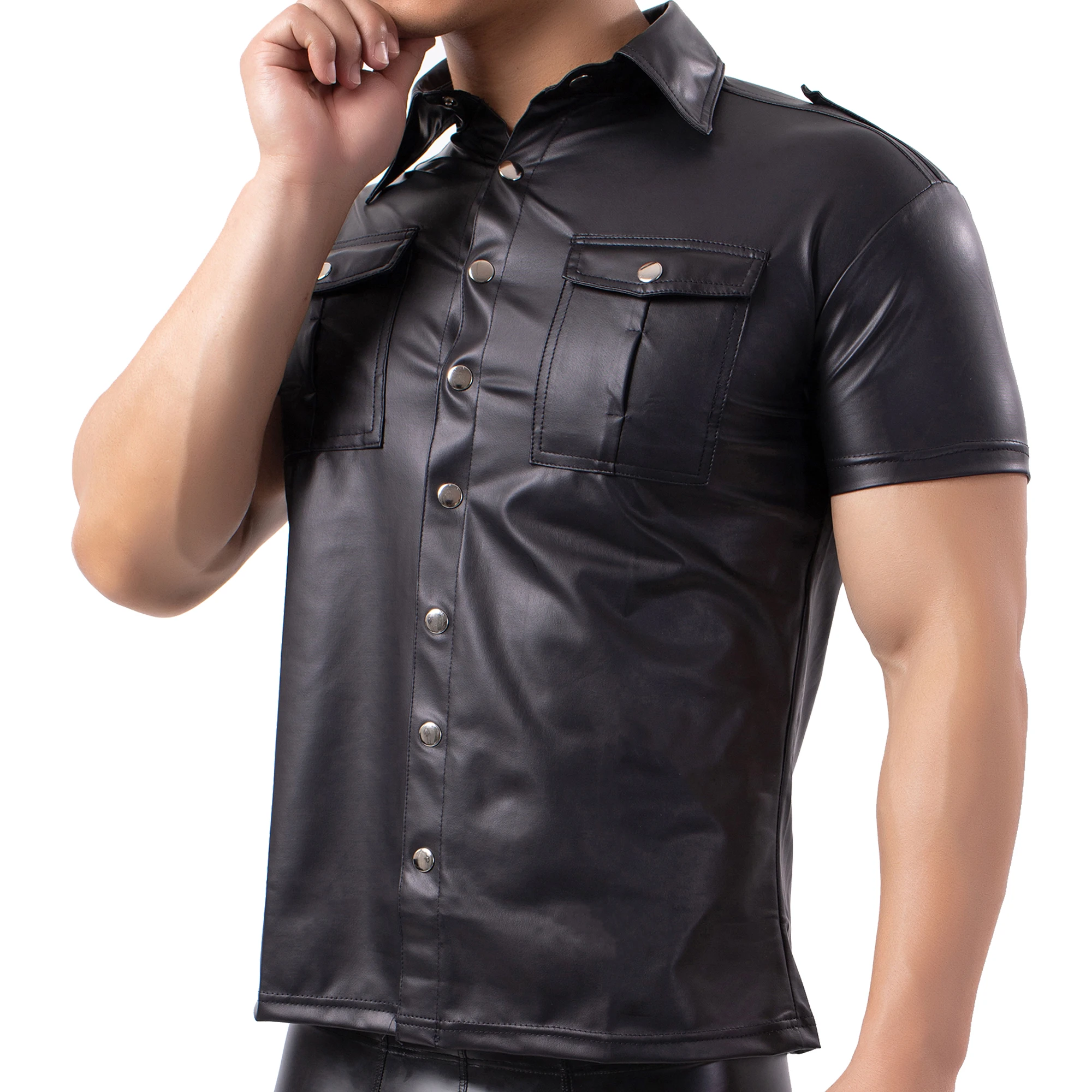 Mens Imitation Leather Shirt Nightclub Stage DS Performance Clothes Sexy Wetlook Button Up T-Shirts Clubwear Latex Fetish Shirts