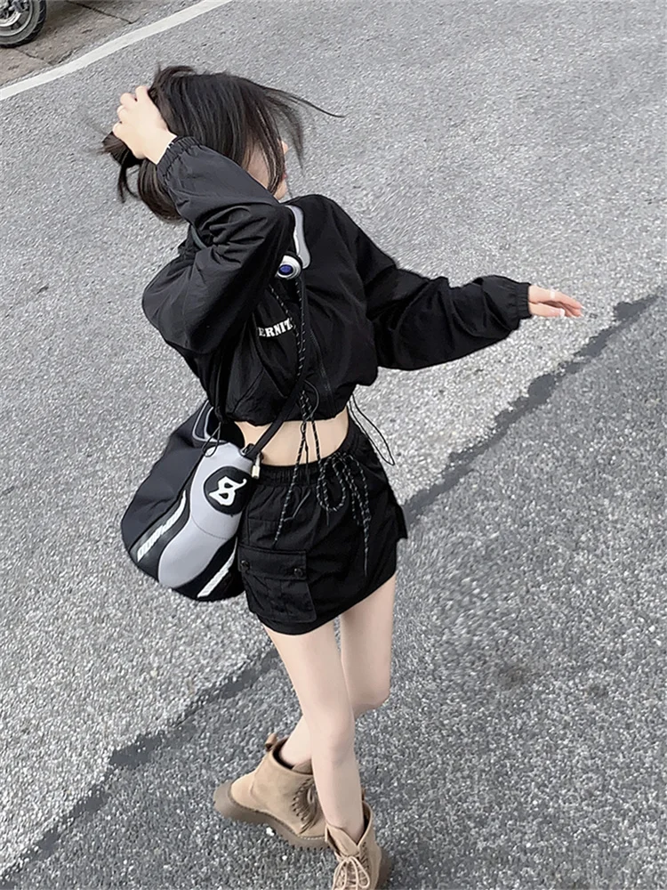 QWEEK Y2K Gorpcore Black Dress Sets Women Techwear Streetwear Two Piece Skirt Set Korean Style Cropped Jacket Harajuku Egirl