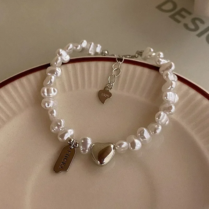 Nueva pulsera de plata de ley 925, pulsera con nudos de perlas para mujer, pulsera de perlas de corazón a la moda, accesorios de joyería de lujo, regalo