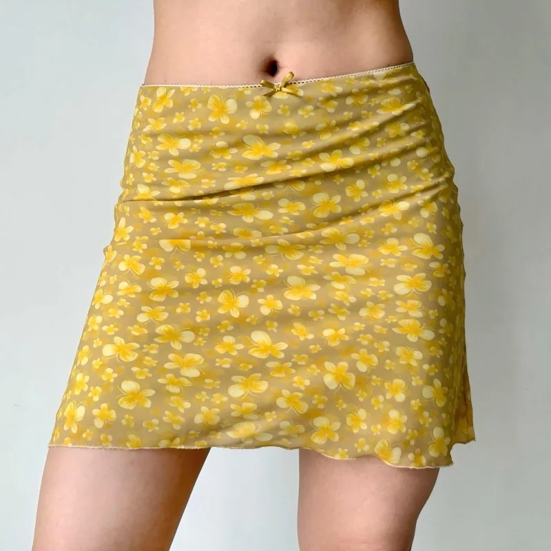 Yellow Butterfly Print Short Skirt Women Hip Hugging Sexy American Retro Summer A Line