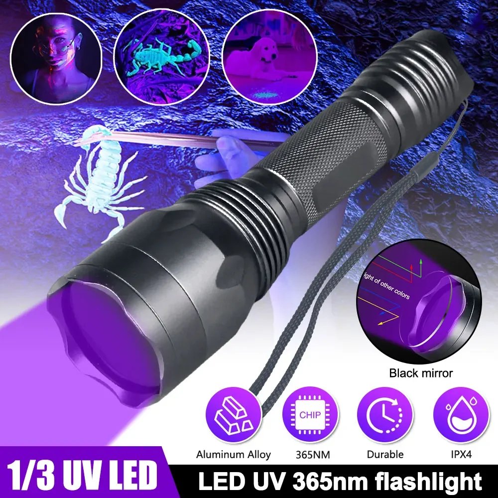 15W 3 LEDs 365nm UV Flashlight Ultraviolet Blacklight USB Rechargeable Purple Linternas Carpet Pet Urine Detector Catch Scorpion