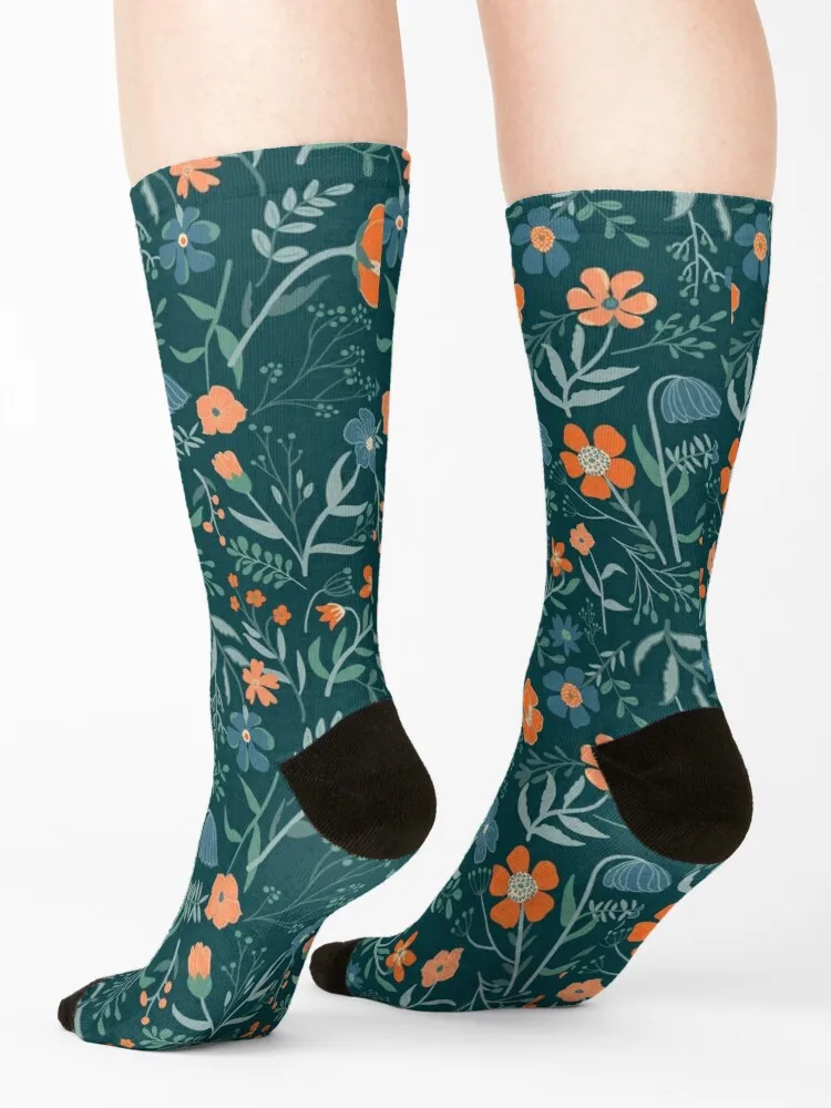Teal & Orange Botanical Garden Floral Print Socks cycling floor Novelties football Socks Man Women's