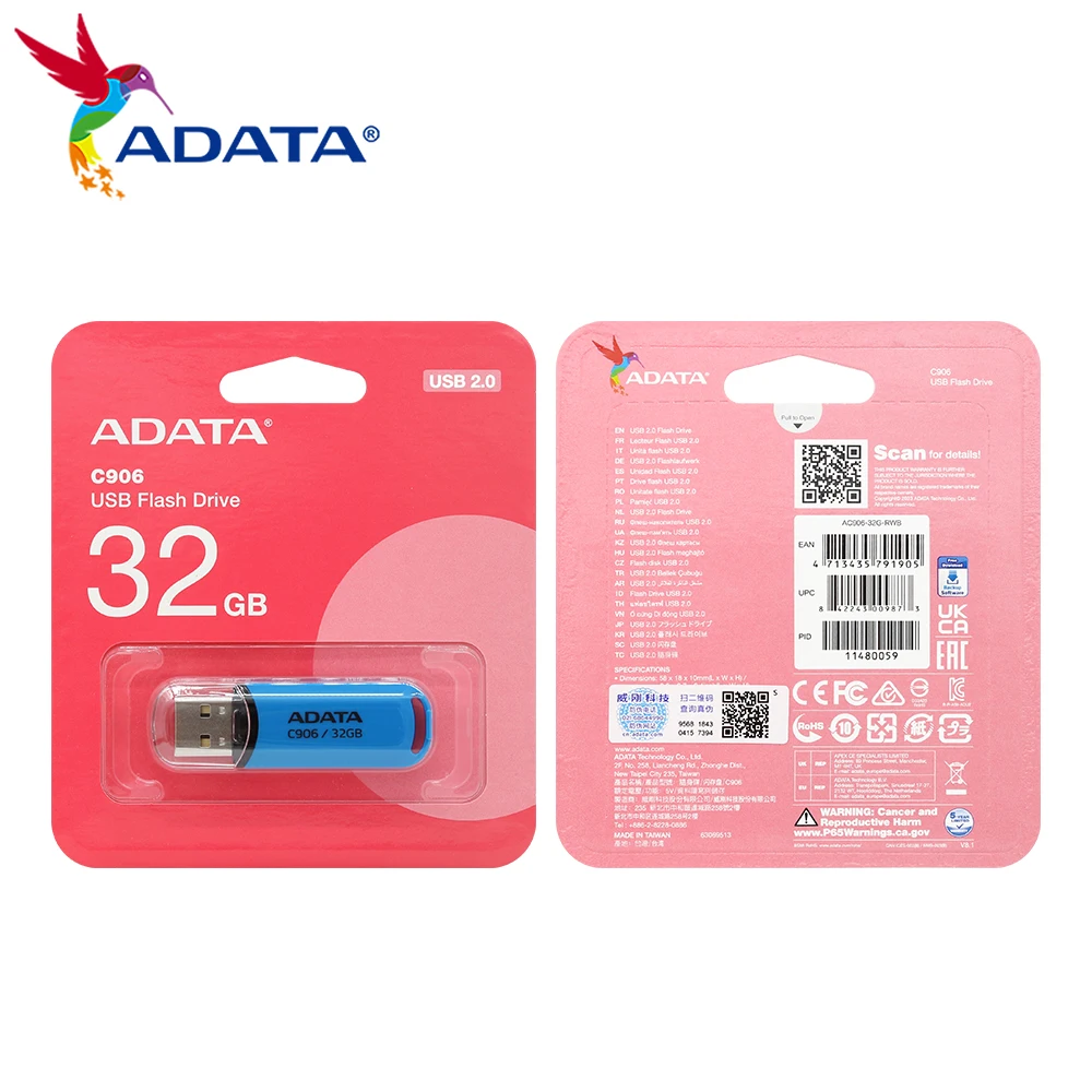 Original Adata Flash Drive C906 USB 2.0 Memory Stick Mini U Disk 32GB 64GB Pink Blue High Flash USB Pendrive Jumpdrive for PC