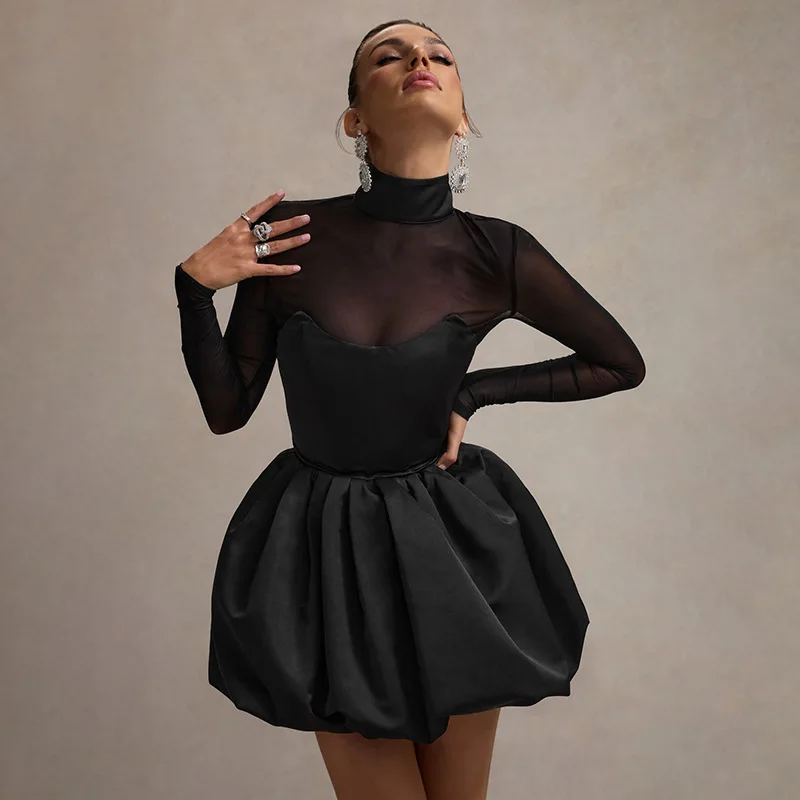 

Puff Satin Dress Lady Party Mini Evening Elegant Dresses 2024 Women Winter Fall Clothes Luxury Sexy Bodycon Black Dresses