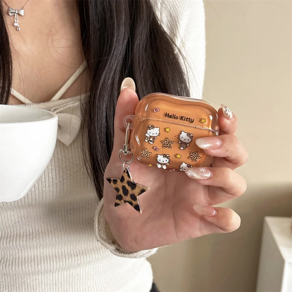 

Cute Leopard Print HelloKitty Earphone case Shockproof Cover for Apple Airpods Pro2 Pro3 Airpods 4 3 2 With Charm Headphone Case