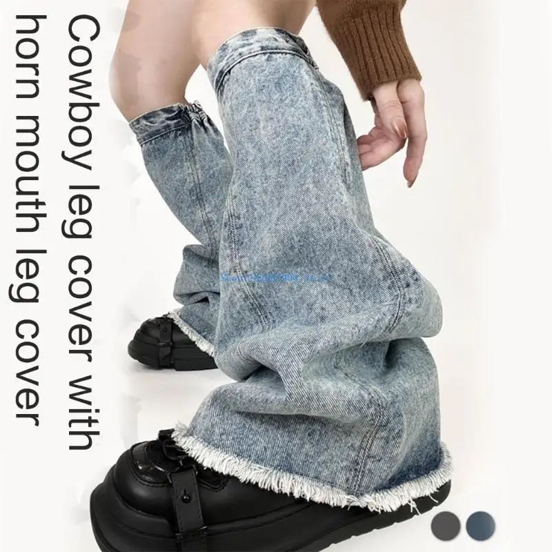 N7YF Distressed Trim Jeans Leg Sleeves with Elastic Cuffs for Women Harajuku Punk Washed Denims Leg Warmer Flared Long Socks